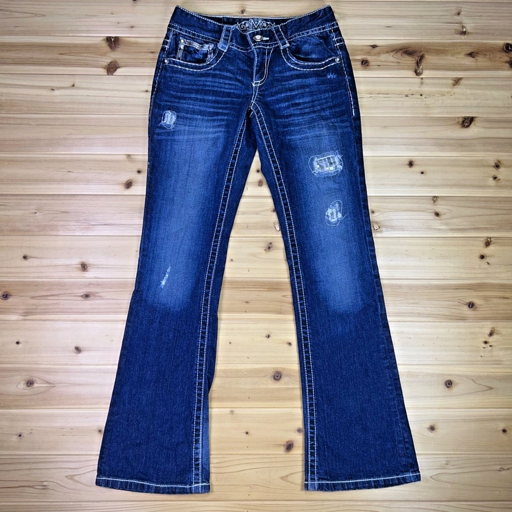 M by Maurices Jeans Womens 3/4 Distressed Bootcut Sequin Patch Low Rise Denim
